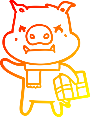 Bir insan tarafından çizilmiş Noel hediyeli kızgın çizgi film domuzu çizimi.