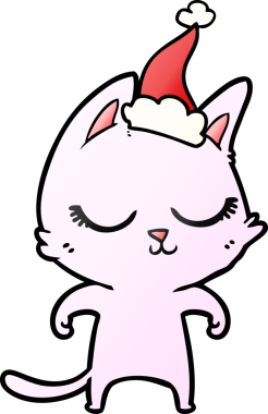 Sakin el çizimi. Bir insan tarafından çizilmiş Noel Baba şapkası takan bir kedi çizimi.