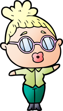 Bir insan tarafından çizilmiş gözlüklü bir karikatür kadın.