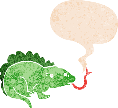 bir insan tarafından çizilmiş grunge sıkıntılı retro desenli konuşma baloncuklu çizgi film kertenkelesi