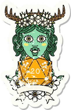 Retro Dövme Biçimli Ork karakteri bir insan tarafından çizilmiş 20 zar ile