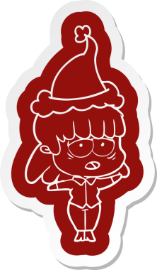 Bir insan tarafından çizilmiş Noel Baba şapkası giyen yorgun bir kadının garip çizgi film çıkartması.