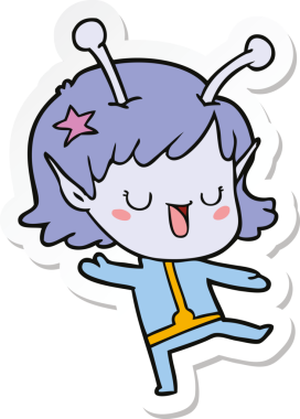 Bir insan tarafından çizilmiş mutlu uzaylı kız çizgi filminin çıkartması.