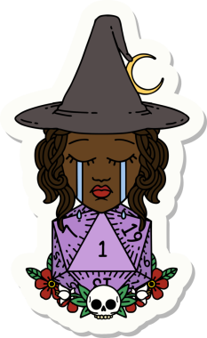 Ağlayan bir insan cadının çıkartması. Bir insan tarafından çizilmiş doğal bir D20 zarlı.