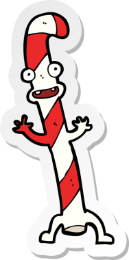 Bir insan tarafından çizilmiş Noel şekeri çubuğu dans eden bir karikatür çıkartması.