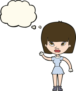 Bir insan tarafından çizilmiş düşünce baloncuğuyla el sallayan çizgi film kadını.