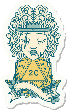 Bir insan tarafından çizilmiş 20 zarlı elf barbar karakterinin çıkartması.