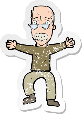Bir insan tarafından çekilen kollarını sallayan yaşlı bir adamın karikatür yapıştırması.