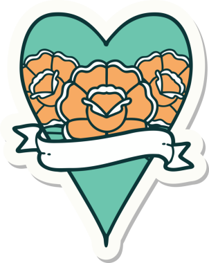 Geleneksel kalp stili dövme çıkartması ve bir insan tarafından çizilmiş çiçekli pankart.