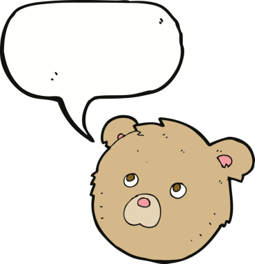 Bir insan tarafından çizilmiş konuşma balonlu oyuncak ayı yüzlü çizgi film.