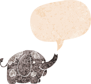 grunge 'da konuşma baloncuğu olan karikatür fili bir insan tarafından çizilmiş dertli retro tarzı.