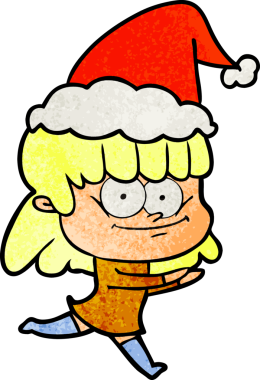 Bir insan tarafından çizilmiş Noel Baba şapkası takan gülümseyen bir kadının el çizimi karikatürü.