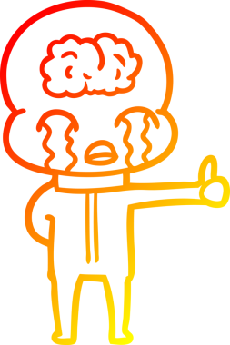 Bir çizgi filmin sıcak gradyan çizimi. Büyük beyin uzaylıları ağlıyor ama bir insan tarafından çizilmiş baş parmak işareti veriyor.