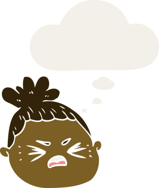 Düşünce baloncuğu olan bir kadın yüzü insan tarafından çizilmiş.