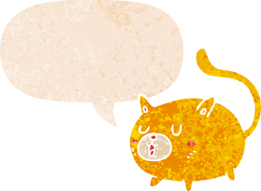 çizgi film mutlu kedi konuşma balonu ile grunge sıkıntılı retro dokuma tarzı bir insan tarafından çizilmiş