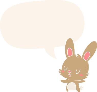 Konuşma baloncuğu olan sevimli çizgi film tavşanı insan tarafından çizilmiş.