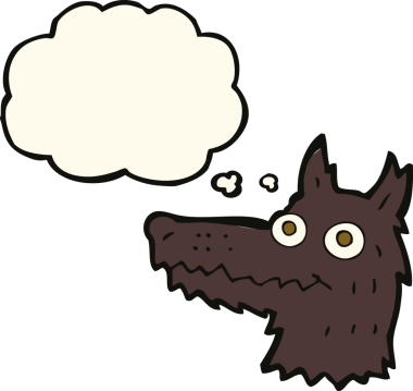 Bir insan tarafından çizilmiş düşünce balonlu bir kurt kafası.