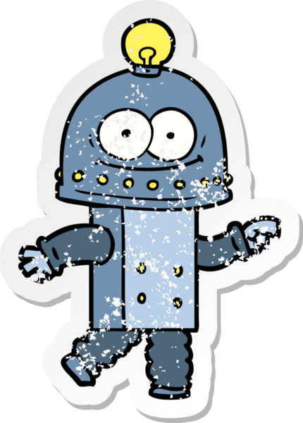 Bir insan tarafından çizilmiş ampullü mutlu bir robot çıkartması.