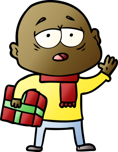 Bir insan tarafından çizilmiş yorgun, kel bir adam.