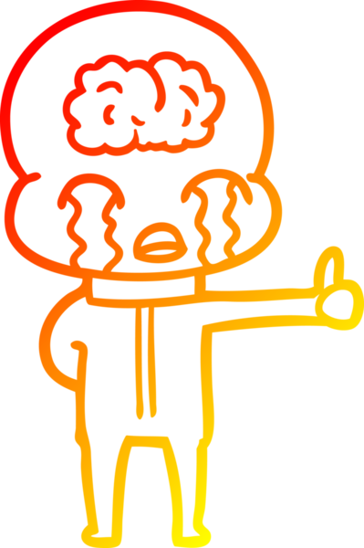 Bir çizgi filmin sıcak gradyan çizimi. Büyük beyin uzaylıları ağlıyor ama bir insan tarafından çizilmiş baş parmak işareti veriyor.