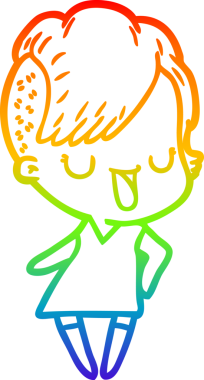 Gökkuşağı gradyan çizimi. Hipster saç kesimi bir insan tarafından çizilmiş şirin bir çizgi film kızı.