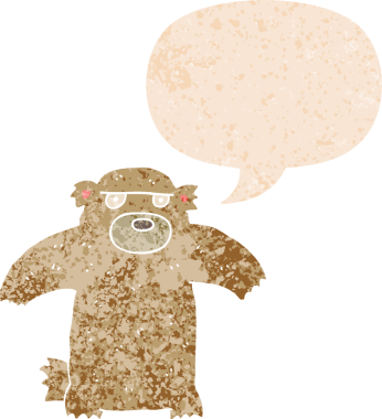 Bir insan tarafından çizilmiş grunge sıkıntılı retro biçimli konuşma balonu ile çizgi film ayısı