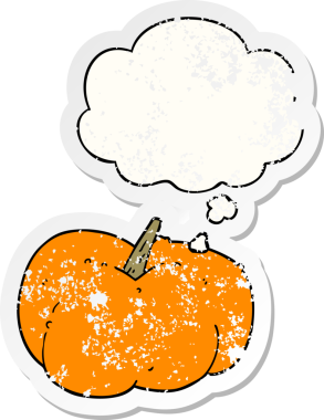 Düşünce baloncuklu balkabağı, insan tarafından çizilmiş yıpranmış bir çıkartma.