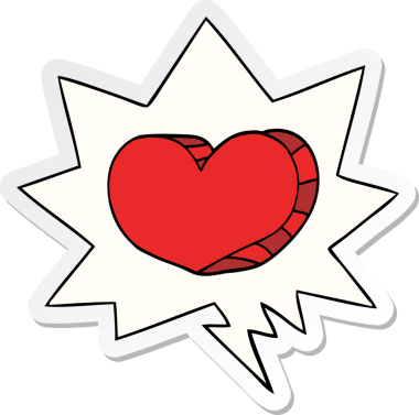 Bir insan tarafından çizilmiş konuşma kabarcığı çıkartmalı karikatür aşk kalbi.