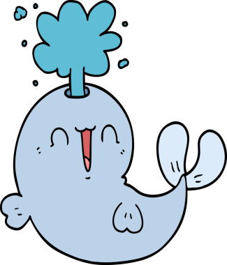 Bir insan tarafından çizilmiş su püskürten çizgi film balinası.