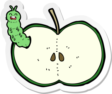 Bir insan tarafından çizilmiş elma yiyen bir çizgi film böceğinin çıkartması.