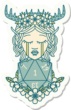 Ağlayan bir Elf Druid karakterinin çıkartması. İnsan tarafından çizilmiş doğal bir D20 ruloyla.