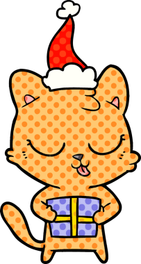 Bir insan tarafından çizilmiş Noel Baba şapkası takan bir kedinin çizgi roman çizimi.