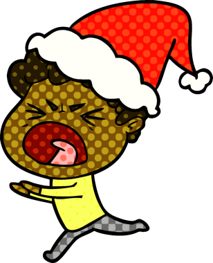 Bir insan tarafından çizilmiş Noel Baba şapkası giyen öfkeli bir adamın el çizimi çizgi roman çizimi.