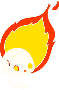 Ürkütücü düz renkli çizgi film. Bir insan tarafından çizilmiş alevli kafatası.