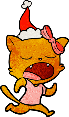 Bir insan tarafından çizilmiş Noel Baba şapkası giyen esneyen bir kedinin el çizimi karikatürü.