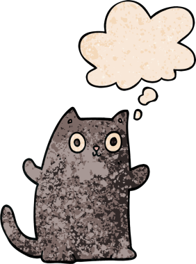 Bir insan tarafından çizilmiş grunge desenli düşünce baloncuklu çizgi film kedisi.
