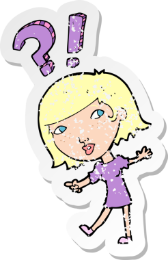 Bir insan tarafından çizilen soruları soran karikatürlü bir kadının gerilimli çıkartması.