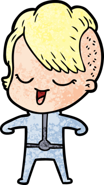 Bir insan tarafından çizilmiş fütürist elbiseli mutlu çizgi film kızı.