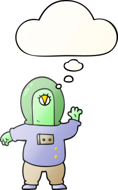 Bir insan tarafından çizilmiş yumuşak eğimli düşünce baloncuğu olan bir uzaylı çizgi filmi.