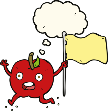 Düşünce baloncuğu çizilmiş bayraklı komik elma.