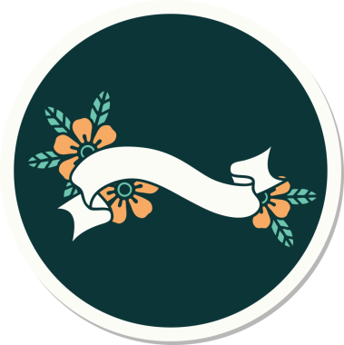 Geleneksel dövme stili bir pankart ve insan tarafından çizilmiş çiçekler.