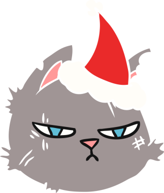 Bir insan tarafından çizilmiş Noel Baba şapkası giyen sert bir kedi yüzünün düz renkli çizimi.