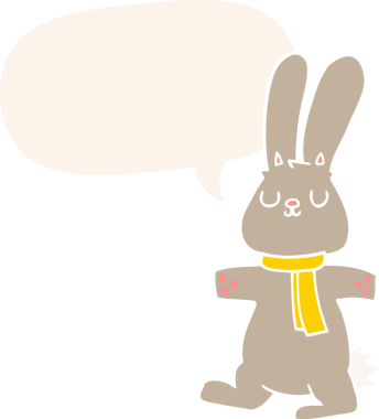 Konuşma baloncuklu çizgi film tavşanı insan tarafından çizilmiş.