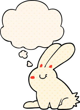 Çizgi roman tarzında bir insan tarafından çizilmiş düşünce kabarcığı olan çizgi film tavşanı.
