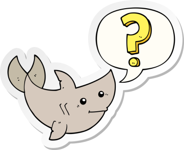 Bir insan tarafından çizilmiş konuşma balonu çıkartmalı soru soran çizgi film köpekbalığı.