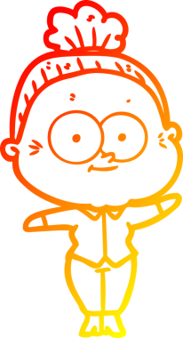 Bir insan tarafından çizilmiş mutlu, yaşlı bir kadının sıcak çizgi çizimi.