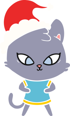 Bir insan tarafından çizilmiş Noel Baba şapkası takan bir kedinin düz renk çizimi.