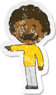 Bir insan tarafından çizilmiş bıyıklı bir çizgi film karakterinin gerilemiş retro yapıştırması.