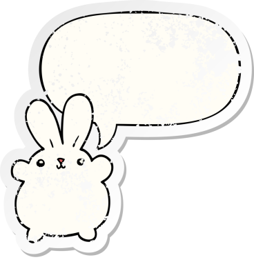 Konuşma baloncuğu olan sevimli çizgi film tavşanı bir insan tarafından çizilmiş sıkıntılı eski bir çıkartma