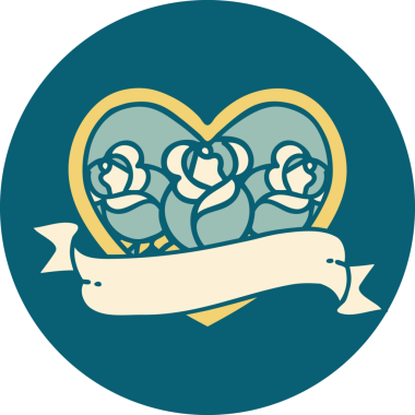 İkonik dövme stili bir kalp ve bir insan tarafından çizilmiş çiçekli pankart.